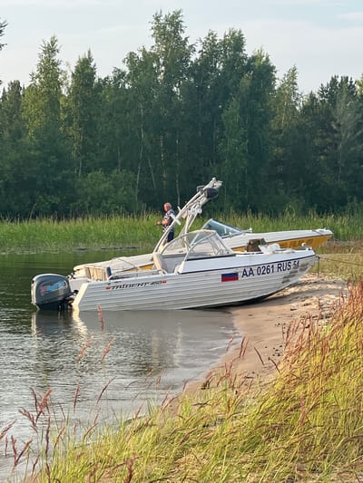 Two boats are docked on a sandy shore next to a body of water. The boat in the foreground is white with blue and red lettering and a Russian flag decal. It is labeled "TRIDENT 450" and has the registration "AA 0261 RUS 54". An outboard motor is attached to the rear of this boat. A second boat, yellow with white accents, is docked behind the first. In the background, a man in a patterned shirt is standing on the bank, holding a fishing rod. A dense forest of green trees borders the far side of the water, and tall grass grows along the shoreline. The sky above is a pale blue. The scene appears to be set in Borovoye, Russia.