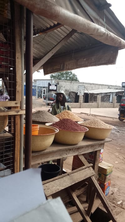 The image shows a street vendor stall in Ota, Nigeria, located at 6.684° N, 3.177° E. The stall is a simple wooden structure with a corrugated metal roof. There are four large bowls of grain on the counter, filled with different types of beans and grains. A woman in a green shirt and a hat is standing behind the counter, likely selling the grains. Behind her, a man in a blue shirt is standing near a car in the street. To the right of the counter is a wooden stool and a stack of boxes with labels visible, including a "Real" brand box. The environment is dusty and the ground is uneven, with dirt and sand present.