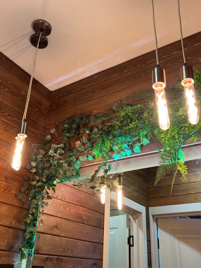 The image shows a ceiling with a decorative arrangement of light fixtures and artificial greenery. Three pendant lights are visible, each with a cylindrical metal base and a long, exposed filament bulb. The bulbs are lit, casting a warm glow. The lights are suspended from the ceiling, which is finished with dark wooden planks.

Artificial ivy and fern fronds are draped along the wooden ceiling, adding a touch of nature to the interior. The greenery is concentrated around the light fixtures. In the background, there is a glimpse of a white door and frame. The overall impression is that of a modern, stylized interior with a rustic touch.

There is no indication of a location in the city of Neftekamsk, Russia, or any information about people, subjects, objects, actions, or interactions. The description is limited to the visual elements present in the image.