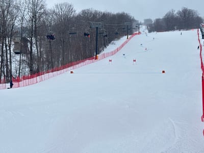 A snowy ski slope features a red safety fence on both sides. Ski lift towers and chairs are visible on the left. Skiers are scattered along the slope. Red and blue slalom poles mark a course. Trees border the slope on either side, with leafless branches reaching towards a cloudy, overcast sky. The snow is pristine and untouched in the foreground.