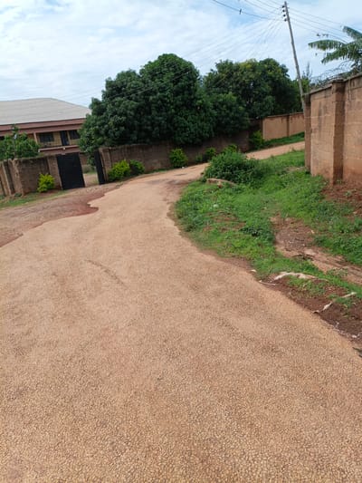 The image depicts a rural road in New Stadium, Nigeria, characterized by its light brown, pebbled surface. The road curves to the right, leading towards a large, open black gate. To the left of the gate, a two-story building with a sloped grey roof and brown walls is visible. Lush green trees and bushes are abundant throughout the scene, with some particularly large trees framing the gate and extending further into the background. A brick wall, topped with barbed wire, runs along the right side of the road, partially obscuring the view beyond. A utility pole with multiple wires stands to the right of the road, indicating the presence of electricity infrastructure. The sky is overcast with a mix of white and grey clouds. Tire tracks are discernible on the road surface.