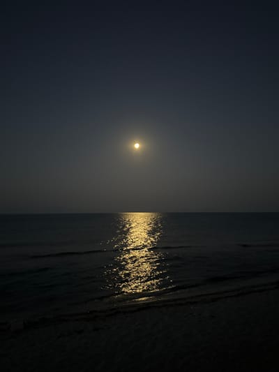 The image depicts a serene night scene at a beach in Kassandra Municipal Unit, Greece. The dark, calm sea stretches to the horizon under a dark night sky. A bright, full moon hangs in the sky, its reflection creating a shimmering golden path across the water's surface. The foreground shows a dark, sandy beach. The overall atmosphere is tranquil and peaceful, illuminated by the moonlight. There are no people or specific structures visible in the image.