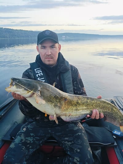 A man is seated in a boat on the water, holding a large fish. He is wearing a black baseball cap with a logo, a dark camouflage jacket, and a black life vest with "LIFE JA" visible in white lettering. The man has short brown hair and a serious expression. He is holding the fish horizontally in front of him. The fish is long and green/brown with yellow markings and has its mouth open, revealing sharp teeth. The water surrounding the boat is calm and reflects the sky, which is partly cloudy and shows a soft gradient of light. In the background, there is a tree-covered shoreline with some structures visible. The boat appears to be a dark inflatable.