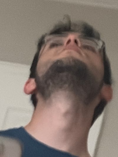This image captures a close-up, highly tilted perspective of a person, likely an adult male, viewed from the side and below. The subject has short, dark hair with noticeable streaks of grey or white, particularly around the temple and ear. A dark beard or heavy stubble is visible across his jawline and cheek. His skin appears fair. The individual is wearing a blue garment, possibly a shirt, visible on the right side of the frame.
The person's head is angled sharply, making the orientation feel somewhat inverted or contorted. One ear is clearly visible. The background is a plain, light-colored surface, possibly a wall or door, suggesting an indoor setting. The image is grainy and slightly out of focus in places, which, combined with the unusual angle, makes it difficult to discern specific facial expressions or the exact activity taking place. It appears to be an candid shot or a selfie taken from an unconventional viewpoint. There is no visible text in the image. The time of day cannot be determined. The location context is Franklin Township, United States of America.