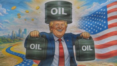 An upside-down caricature of Donald Trump is centered. He holds two green gas cans labeled "OIL" and has his head resting in a larger green oil barrel labeled "OIL". The American flag is behind Trump's left, with a landscape and city skyline on his right. Golden dollar signs and coins float below Trump against a cloudy, blue background. The overall art style appears to be a caricature or political cartoon.