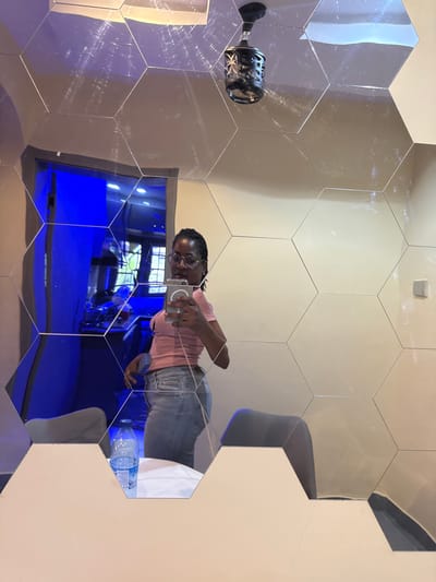 This is a mirror selfie taken in a room with hexagonal mirror tiles on the wall. The primary subject is a person reflected in the mirrors, appearing to be a young woman with braids and glasses, wearing a pink t-shirt and denim jeans. She is holding a smartphone and taking the photo. In the reflection, other objects are visible, including a black bottle with an intricate design, a water bottle, and a blue light source illuminating a section of the room. The overall setting appears to be indoors, with the hexagonal mirrors creating a fragmented and reflective environment. The lighting suggests it is daytime or the room is well-lit. The emotion conveyed is casual and self-aware, typical of a selfie. There is no visible text in the image.