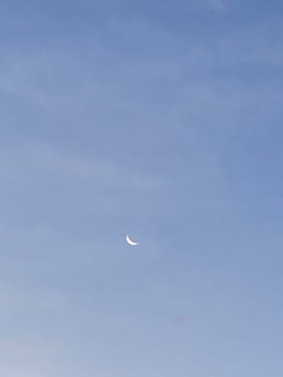 The image shows a crescent moon in a light blue sky. The image was taken in Arusha, Tanzania, at coordinates -3.452 latitude and 36.681 longitude. There are no people or objects in the scene other than the moon and sky. The sky is clear, with a few wispy clouds. The moon is a thin crescent, with the illuminated portion facing to the right of the image. The crescent moon is positioned towards the center and top of the image. The photo appears to be taken during daytime as the blue sky can be seen.