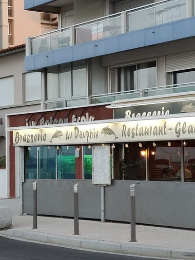 The image shows a building facade in Canet-en-Roussillon, France, featuring a restaurant called "Brasserie Au Dauphin". The restaurant has a prominent sign with the name and two dolphin illustrations. Above the awning, there is a sign for "L'Etoile". The building appears to be multi-story, with balconies visible on the upper floors. In the foreground, there is a sidewalk with two bollards and a street. The restaurant windows are dark, suggesting it may be evening or the interior lighting is dim. People are visible inside the restaurant, though their faces are not clear. The overall scene depicts a commercial establishment in a coastal French town.