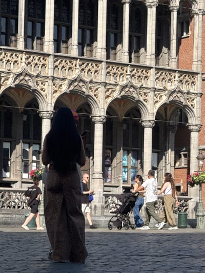 A group of people are walking along a cobblestone street in front of a historic building in Brussels, Belgium. The building features ornate stone carvings and arched windows. The sun is shining, suggesting it is daytime and the weather is pleasant.
Several individuals are captured in motion. In the foreground, a person in a black patterned dress is walking away from the camera. To their left, another person in a black hoodie and shorts is walking towards the camera. Further back, a woman with long, curly hair in a white top and olive pants is walking away, while a man in a white t-shirt and dark pants pushes a stroller. Another man in a white t-shirt and shorts is visible in the background, looking at his phone. A person in a black t-shirt and white shorts is also in the background.
The scene appears to be a casual outing, possibly a family stroll or friends exploring the city. The architecture suggests a location rich in history. No visible text is present in the image.