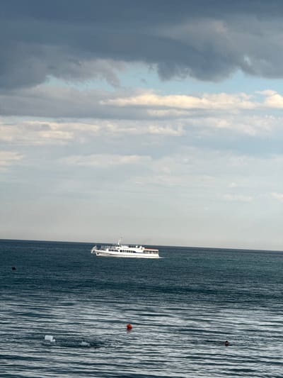 The image shows a white boat with multiple decks sailing on a dark blue sea. The boat has a red stripe along its side and a white superstructure. In the water, there are three orange buoys and a white object, possibly a life raft. The sea is choppy, with visible waves.
To the left of the boat, a pale sky is visible, with a mix of dark and light clouds. The clouds are heavy and appear to be moving, suggesting potentially overcast or changing weather conditions. The image is oriented vertically, with the sky occupying the left half and the sea the right half.
There is no visible text in the image. The scene appears to be taking place in an open body of water, likely a sea or large lake, with a cloudy sky suggesting daytime. The presence of buoys and a life raft might indicate a training exercise, a rescue operation, or navigational markers in the water. The overall mood is somewhat somber due to the dark clouds and choppy water, but the white boat stands out clearly against the dark sea.