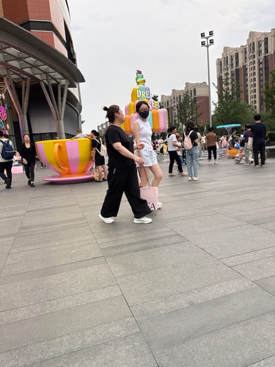 In a pedestrian area within the Haidian District of China, a large, brightly colored teacup sculpture is a central feature. The teacup, decorated with stripes of pink, yellow, and orange, sits on a matching saucer. Behind it, a large decorative structure composed of stacked colorful shapes, resembling layered desserts, stands tall. The ground is paved with large gray tiles. A diverse group of people are visible, including women walking, one in black athletic wear and another in a white top and shorts. Other individuals, including men and women, are dispersed throughout the scene, some with backpacks or shopping bags. In the background, modern buildings with multiple stories, featuring dark brick and lighter stone accents, line the street. A tall light pole with multiple fixtures is also present. The sky is overcast, suggesting a cloudy day.