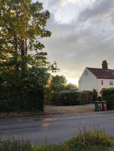 The image depicts a street scene in East Suffolk, United Kingdom. A two-story detached house with a red-tiled roof and cream-colored walls is visible on the right side of the frame. The house has white-framed windows and a chimney. Two wheelie bins, one green and one brown, are positioned on the street near the house. A hedge and a small gravel area separate the house from the street.
A tall tree with green leaves dominates the left side of the image. Another hedge runs along the street. The road surface is wet, with reflections of sunlight. A patch of grass with tall brown stalks is visible in the foreground. The sky is overcast with grey and white clouds, with the setting sun shining through the trees. There are no people visible in the image.