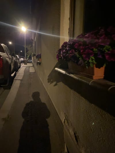 The image depicts a street scene at night in the city of Bílina, Czechia. A sidewalk runs along the right side of the frame, adjacent to a building wall. Parked cars are visible on the left side of the street, with a streetlamp illuminating the area. In the foreground, a dark silhouette of a person's shadow is cast on the sidewalk. The building wall features a window box filled with dark purple flowers.