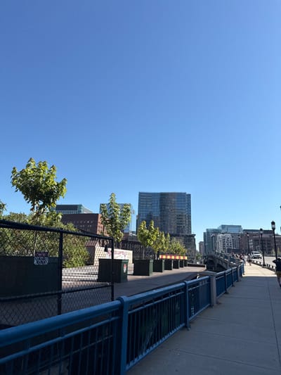 This image displays an urban landscape in Boston, Massachusetts, specifically a view from a bridge over the Fort Point Channel looking towards the Seaport District. The scene is illuminated by bright daylight under a clear, cloudless blue sky.
In the foreground, a dark blue metal railing parallels a concrete pedestrian walkway, curving gently to the right. To the railing's immediate left, a black chain-link fence encloses an area containing green foliage and obscured structures, with a white sign bearing red text, "DO NOT ENTER," and a smaller "DANGER" warning. A linear arrangement of small, green-leafed trees in dark square planters runs along the left side of the walkway, extending into the midground. One planter or an adjacent structure displays a red-and-white sign partially legible as "LOBSTER & CO."
The midground features the continuing concrete walkway on the right, where multiple indistinct human figures are walking away from the viewer. Adjacent to the walkway on the right is a roadway populated by several white vehicles and additional pedestrians. Black lampposts line this roadway. The structural elements of the bridge, including concrete and metal, are visible below the railing and alongside the road.
The background is dominated by the modern skyline of the Seaport District, characterized by several tall, glass-faced skyscrapers that reflect the sunlight. A prominent, dark-paned glass building stands near the center. Additional brick and glass buildings complete the cityscape. The upper half of the image consists entirely of a clear blue sky. A solitary person, partially visible on the far right of the frame, walks away from the camera, wearing a dark shirt and light-colored shorts.