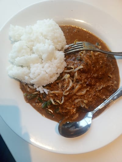 A close-up, high-angle shot shows a white plate of food, likely a traditional Indonesian dish, served on a white table. The plate contains a mound of white rice on the left and a saucy mixture of vegetables, possibly bean sprouts and green beans, on the right. A fork rests on top of the saucy portion, and a spoon is positioned at the bottom right of the plate. The food appears to be freshly prepared. The lighting suggests an indoor setting with natural light coming from an unseen source. The context of South Jakarta, Indonesia, implies this could be a meal at a local restaurant or home. The overall scene is simple and focuses on the food.