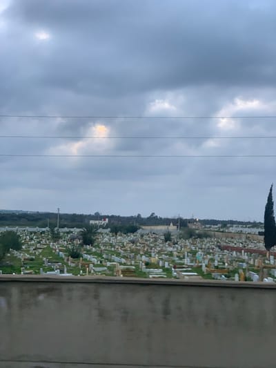 A wide view of a cemetery under a cloudy sky. Numerous white and light-colored tombstones dot the green landscape, extending into the distance. Power lines cross the sky. A dark evergreen tree stands out near the top of the frame. A concrete wall is visible to the right. The photo appears rotated and taken from an elevated perspective.