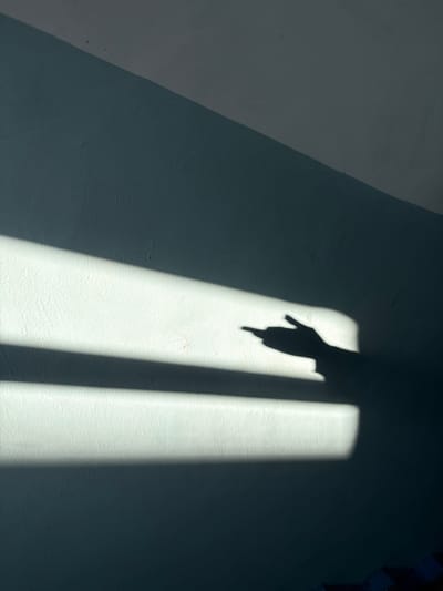 The image depicts a shadow of a hand pointing downwards cast on a textured wall. The wall appears to be painted in a light blue-grey color and is illuminated by a streak of light. Based on the provided information about the location, this image was taken in Ust-Ilimsk, Russia. However, without any visual markers to suggest the city of Ust-Ilimsk, this identification is only based on the location details provided. There are no people, subjects, objects, actions, interactions, or environmental factors besides the wall and hand visible in the scene.
