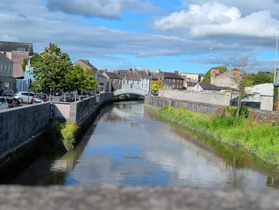The image depicts a view of the River Suir in Waterford City, Ireland, looking downstream. The river is bordered by stone walls on both sides. The left bank features buildings, parked cars, and trees. The right bank is lined with lush green vegetation and stone walls. In the distance, a white arched bridge crosses the river. The sky is partly cloudy with a few birds visible. The overall scene suggests a pleasant day in an urban setting adjacent to a waterway.