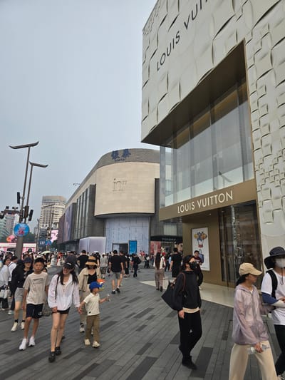 A street-level, eye-level, full shot captures a bustling pedestrian area in Shangcheng District, China, under an overcast sky. The foreground is dominated by a wide, patterned walkway with a dark grey and light grey tile design. To the right, the imposing facade of a Louis Vuitton store stands out, featuring a beige textured exterior with the store's name prominently displayed in gold lettering above a large glass storefront. To the left, other commercial buildings line the street, including a large structure with "in 77" branding and a curved, beige facade. Further in the distance, taller city buildings are visible.
A diverse crowd of people walks along the patterned pathway. In the immediate foreground on the left, a group of individuals are walking together: a young boy in a white t-shirt and blue cap, holding a woman's hand; the woman, wearing a white jacket and black shorts; and a teenage boy in a grey t-shirt and dark shorts. To their right, a woman in a black jacket and black pants walks by, carrying a large black tote bag. Further to the right, a person in a light purple jacket and beige pants walks with a water bottle. Behind them, numerous other pedestrians are seen in various directions, some carrying shopping bags. Streetlights with curved tops and surveillance cameras are mounted on poles along the left side of the walkway. Promotional posters are visible on some of the building facades. The scene depicts a commercial district during daylight hours.