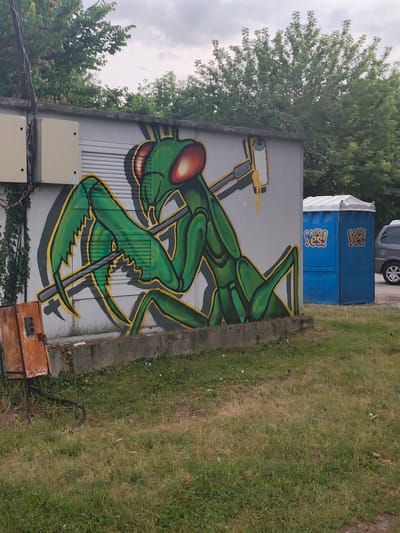 The scene, located in Lom, Bulgaria, depicts a grey utility building featuring a prominent graffiti mural of a stylized green praying mantis. The mantis, rendered with black outlines and yellow highlights, possesses large red compound eyes. It is depicted holding a paint roller in its upper right foreleg, from which yellow paint drips, while its prominent raptorial forelegs grasp a dark horizontal bar. Two cream-colored electrical junction boxes are mounted on the upper left facade of the building, and a horizontal louvered vent is visible below the mantis's head. Below the building, a concrete foundation borders a patch of unkempt grass, a mix of green and dry brown. To the far left in the foreground, a rusted, rectangular metal electrical box with three circular outlets stands on metal supports, with cables leading into the ground. Ivy grows vertically on the wall next to this box. In the background, positioned to the right of the utility building, stands a blue portable toilet with a white roof, marked with yellow and white "Yes!" logos on its visible sides. Partially visible behind the portable toilet is the rear quarter of a grey minivan, including its wheel. The environment is outdoors, under an overcast sky, with numerous green deciduous trees forming the upper background.