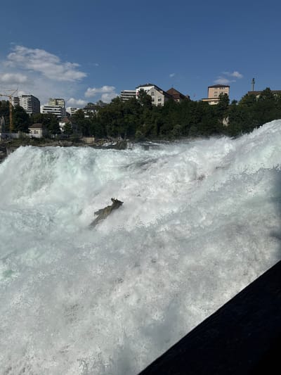 The image shows a powerful waterfall with a large volume of water cascading down. The scene is set with a lush green, tree-covered cliff on the left, dotted with buildings and a tall, thin structure resembling a chimney or tower. The sky is clear and blue with a few scattered clouds, suggesting a sunny day.
In the foreground, the churning white water of the waterfall dominates the right side of the frame. A dark, shadowed area, possibly a structure or railing, is visible in the upper right corner, creating a stark contrast with the bright water.
Further to the left, along the edge of the cliff, there are several buildings of varying architectural styles, indicating an urban or semi-urban setting adjacent to the natural wonder. A red flag is visible on one of the buildings. Towards the bottom of the cliff, a yellow construction crane suggests ongoing development or infrastructure work.
A single, somewhat abstract shape that appears to be a rock formation or a partially submerged object stands out within the turbulent water of the waterfall, just left of center. The overall impression is one of immense natural power and a picturesque landscape where nature meets human habitation. The orientation of the image is landscape, though the scene itself is depicted in portrait orientation.