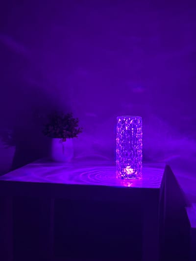 The scene is set indoors in a dimly lit room in Dmitriyevskaya, Russia, bathed entirely in a vivid purple light. In the foreground, a clear, faceted cylindrical lamp sits centrally on a dark, flat surface, emitting a bright purple glow that casts concentric ripple-like light patterns onto the surface directly below and around it. To the left of the lamp, a small potted plant with dark, bushy foliage resides in a light-colored, possibly white, pot with a subtle facial outline design. The plant casts a faint shadow on the purple-illuminated wall behind it. The background wall is otherwise featureless, appearing purple due to the ambient lighting. On the far right, a dark, angular object, likely part of a piece of furniture or an architectural element, partially obstructs the view. No individuals are present.