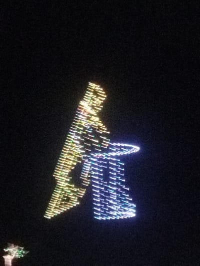 Against a dark night sky, a Christmas light display depicts a silhouetted figure, possibly Santa Claus, bent at the waist. The top portion is illuminated with yellowish-white lights, while the lower section shines with blue-white lights. The effect creates a blurry, abstract form of the figure against the stark backdrop. A glimpse of illuminated vegetation is visible at the bottom left corner.