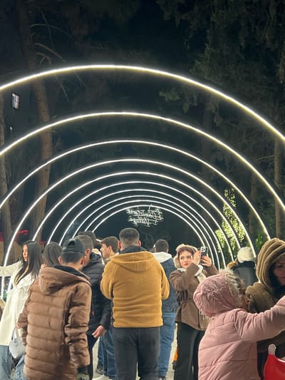 A series of illuminated concentric circles form a tunnel lined with people. Most are wearing winter clothing, coats, and hats. One person is holding a cell phone and taking a picture. In the distance, there is a dark, decorative sign suspended within the illuminated tunnel. The tunnel is surrounded by trees, adding to the depth and perspective of the photograph.