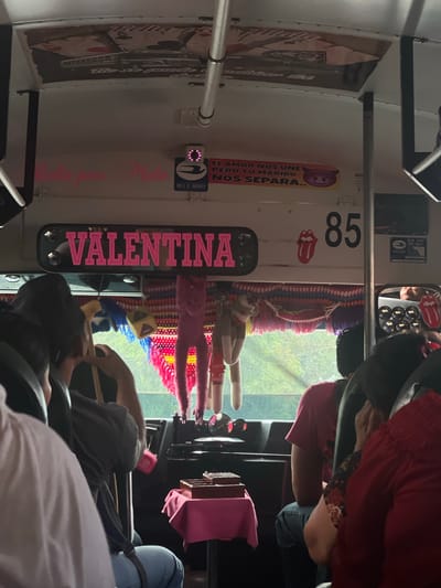 This image depicts the interior of a highly customized passenger vehicle, likely a microbus, in Coatepeque, El Salvador. The perspective is from the rear, looking towards the front windshield.

The ceiling features decorative elements including a graphic resembling playing cards with an Ace of Spades visible, and pink script text stating "Bella pero Mala" (Beautiful but Bad). Below the ceiling, a bright pink LED sign prominently displays the name "VALENTINA." To the right of this sign, the number "85" is displayed, accompanied by a red Rolling Stones tongue logo. Another Rolling Stones logo is visible in the driver's rearview mirror, which also reflects a person's face.

Above the windshield, a multi-colored crocheted fringe curtain is installed, from which two stuffed animals, one pink and one resembling a brown and white monkey, hang. Further decorations include a sticker with a devil emoji and Spanish text: "EL AMOR NOS UNE PERO TU MARIDO NOS SEPARA.." (Love unites us but your husband separates us..). Multiple "BLUE BIRD" logos are also present, suggesting the vehicle's model or affiliation.

Several passengers occupy the seats. In the immediate foreground, the back of a person wearing a white shirt is visible. Directly in front of them, a person in a dark grey or black shirt with a shoulder strap looks towards the front. Further down the aisle, a passenger in a pink t-shirt and blue jeans sits facing away from the camera, looking out the front window. To the right, part of a person wearing a red garment with a floral patterned sleeve is visible.

In the front area of the vehicle, a small table covered with a pink cloth holds several stacked dark wooden boxes. A small pink object bearing the Instagram logo is affixed near the dashboard. Through the front window, an exterior view of dense green foliage is visible, indicating an outdoor, possibly natural or rural, environment under daylight conditions.