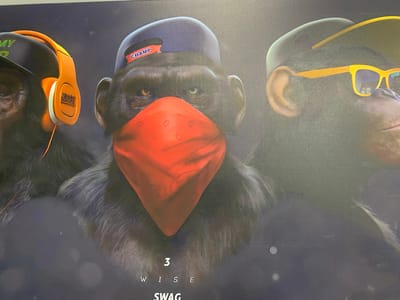 This is a digital image featuring three chimpanzees. The central chimpanzee is prominently displayed, wearing an orange bandana over its face and a blue baseball cap with the word "CHAMP" on it. To its left, another chimpanzee wears orange headphones with a logo that appears to say "Naughty Nature". The chimpanzee to the right is partially visible and wears yellow sunglasses and a dark cap. The background is a dark, smoky, or blurry abstract design. At the bottom of the image, the number "3" is visible, followed by the words "WISE" and "SWAG". The overall impression is one of cool or hip chimpanzees, perhaps a stylized representation of a concept or brand. There are no discernible location cues to suggest Khust, Ukraine, nor any information about time of day or weather. The emotions conveyed are ambiguous, but the styling suggests a sense of swagger or confidence.