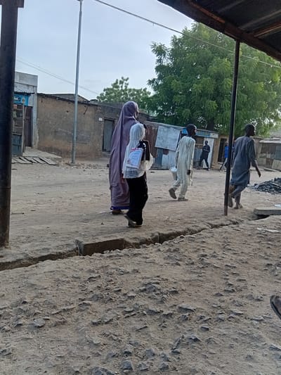 This outdoor image, originally rotated 90 degrees clockwise, depicts a bustling street scene in Dakata, Nigeria, under a bright, overcast or hazy daytime sky. The ground is an unpaved, dusty, and uneven dirt path or street.
In the foreground, part of a dark, corrugated metal roof structure is visible on the left, suggesting the viewer is under an overhang or stall. A metallic utility pole stands vertically in the mid-ground, dividing the scene.
Several people are walking along the dusty path. Closest to the viewer, a person wearing a light purple head covering (hijab) and a matching dress or robe over dark pants is seen from behind, carrying a white bag or folder containing what appear to be documents with red and blue elements. Further along the path, a man in a light-colored, possibly off-white, striped long traditional garment walks towards the right. Behind him, another man dressed in a blue long garment also walks in the same direction. A fourth individual in dark clothing is partially visible in the deeper background, near a building.
The path is lined with various modest buildings, some constructed from concrete or mud, featuring corrugated metal roofs. Piles of dark material, possibly charcoal or debris, are noticeable near one of the background structures. On the left side of the frame, large green trees with dense foliage provide a lush backdrop.
A partially readable, vertically oriented blue sign is visible on a building in the mid-ground, displaying the text "ELLO" followed by what appears to be the letter "W" below it, possibly forming part of the word "YELLOW." The overall scene captures a typical daily activity in a local community setting.