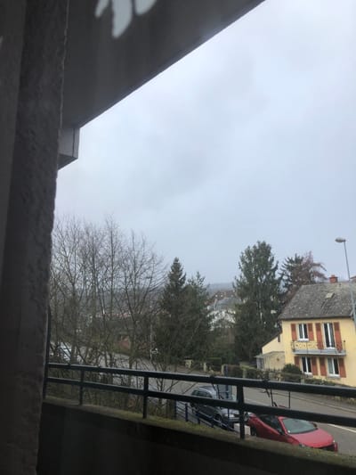 An elevated view captures a residential street scene in Saverne, France, under an overcast sky. The foreground features a dark grey balcony railing and a textured grey pillar on the left. A street curves horizontally across the midground, with a dark grey station wagon and a red sedan parked along its side. Numerous bare deciduous trees and several tall evergreen conifers populate the area beyond the street. In the middle-right, a two-story residential building with a yellow exterior, a dark grey tiled roof, and closed reddish-orange shutters on white-framed windows is prominent. It features a small balcony on the upper level. A grey street light pole stands on the far right. Distant hills, partially obscured by mist or atmospheric conditions, are visible in the background, interspersed with additional residential structures. No individuals are present in the observable scene.