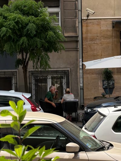 The image shows an outdoor scene with two people visible. In the foreground, a man with gray hair and a green t-shirt is seated at a black table, holding a glass and drinking. He appears to be in a relaxed or contemplative mood. Behind him, a woman with blonde hair tied back is also seated at a table. She is wearing a gray t-shirt and her back is partially to the camera.
The setting appears to be a cafe or restaurant with outdoor seating. There are tables and chairs, and a large white umbrella is partially visible, suggesting it's an outdoor dining area. The background shows the facade of a building with weathered walls and windows with decorative metal grilles. A security camera is mounted on the wall in the upper left portion of the image.
Two cars are parked in the scene. One is a white vehicle, possibly a van or SUV, and another car is partially visible, with a dark color. A lush green tree with dense foliage dominates the left side of the image, providing a natural element to the urban environment.
The time of day appears to be daytime, with sunlight casting shadows and illuminating the scene. The lighting suggests it could be late afternoon or early evening, given the angle of the light. The overall atmosphere seems to be one of casual leisure and everyday life in an urban setting. The location context is Vracar Urban Municipality, Serbia, which aligns with the architectural style and the presence of cafe culture. No visible text is clearly decipherable in the image.