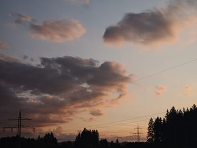 The image depicts a sunset over a forested landscape in Nesselwang, Germany. In the foreground, a large electricity pylon stands tall against a backdrop of silhouetted pine trees. Several electrical wires are strung across the frame, connecting to other pylons which are visible in the distance. The sky is filled with dramatic clouds, tinged with hues of orange and pink from the setting sun. The overall scene conveys a sense of rural tranquility juxtaposed with industrial infrastructure.