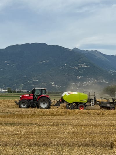 A red Massey Ferguson tractor is engaged in baling straw in a field. The tractor is connected to a lime green Claas Quadrant 4000 square baler, which is processing cut straw. Dust is visible being kicked up by the baler. In the background, a dense, green mountain range rises, with scattered buildings visible on its slopes, indicating a mountainous terrain near a populated area. The sky is overcast with a light blue hue. The foreground is dominated by the dry, golden straw residue from a harvested crop, characteristic of agricultural land. The scene appears to be set in Sant'Antonino, Switzerland, given the mountainous landscape and agricultural activity often found in such regions.