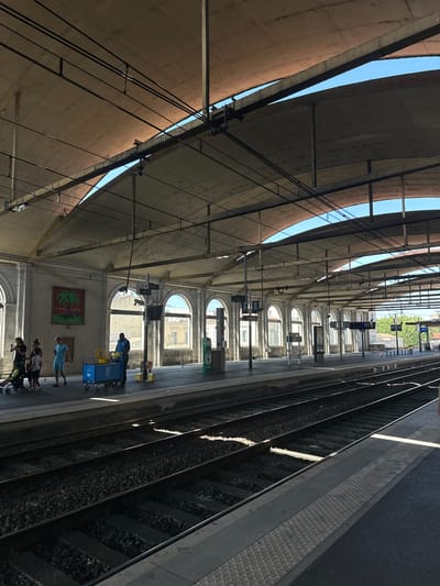 The image depicts a train station platform in Nîmes, France. The scene is shot from a low angle, looking upwards towards the curved, concrete canopy of the station. Sunlight streams through the gaps in the canopy, casting long shadows on the platform and tracks.

Several sets of train tracks are visible, with ballast and sleepers clearly defined. The platform edge has a tactile paving surface, indicating a public transport space. In the background, arched windows suggest the architectural style of the station building.

Several people are present on the platform. One individual is pushing a blue cart with yellow bins. Another person, wearing a blue shirt, stands near the cart. Further down the platform, a group of people are gathered, some with luggage. The presence of people and luggage suggests individuals are either waiting for a train, disembarking, or have just arrived.

A framed picture on the wall displays a green palm tree with the text "COL NEM" visible. Other signage is also present, including platform indicators and what appear to be information boards. The lighting suggests it is daytime, with bright sunlight indicating fair weather. The overall impression is of a busy but orderly train station environment.