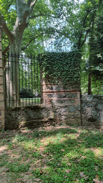 The image depicts a section of an overgrown stone wall, partially covered in ivy, within a park-like setting. To the left of the wall, a tall tree with a light-colored trunk stands behind a black wrought-iron fence. Sunlight filters through the dense green foliage of mature trees overhead, casting dappled shadows on the ground which is covered with grass, fallen leaves, and small plants. The wall itself is constructed from rough-hewn stones and some red bricks, with horizontal bands of darker material. The overall impression is one of a historic, somewhat neglected, but picturesque outdoor space. The location is identified as the Montsacopa volcano park in Olot, Spain. There are no people visible in the image.