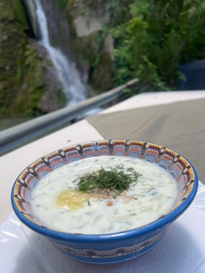 A close-up, slightly angled shot captures a bowl of cold soup, likely a refreshing yogurt-based dish with cucumber and dill, garnished with more dill and a dollop of yellow dressing. The soup is served in a vibrant, ethnically patterned blue bowl, resting on a white textured napkin and a white plate. The background is softly blurred, revealing a natural landscape with a cascading waterfall, lush green foliage, and a metal railing. The overall setting suggests an outdoor dining experience, possibly at a restaurant or cafe near a natural landmark in Bachkovo, Bulgaria, offering a picturesque backdrop to the meal.