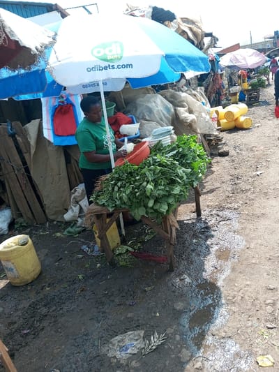 The image depicts an outdoor market scene in Keekonyokie ward, Kenya. One adult female, wearing a green t-shirt and dark pants, stands behind a wooden stall. She is actively engaged in sorting or preparing white vegetables within a red plastic bowl. The stall's table displays large bundles of green leafy vegetables, a small white bowl containing red spherical items (likely tomatoes), another small white container, and stacked clear plastic containers. A white and blue umbrella, branded "odi bets" and "odibets.com," provides shade over the stall. Behind the vendor, a blue tarp is visible, with a red bag hanging from it, and various sacks and a green bucket are piled. The immediate ground is uneven, composed of damp, dark soil with several puddles and scattered debris including plant matter and plastic waste. A yellow plastic jerrycan rests on the ground to the far left. In the mid-ground right, a stack of five yellow plastic jerrycans is present. The background reveals additional informal market structures made from tarpaulins and other salvaged materials, with indistinct figures of people, indicating an active market environment.
