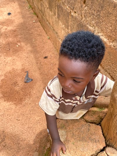 The image, taken in Kuru Dungus, Nigeria, presents a high-angle, close-up view of a young boy in an outdoor setting. The boy has dark skin and short, dense, black curly hair. He is looking downwards, with his eyes partially closed or cast low, and his mouth slightly ajar, conveying a gentle or contemplative expression. He is wearing a short-sleeved collared shirt with vertical stripes of alternating light beige/cream and brown. A white and gray design, resembling a stylized spiral or an 'S' shape, is visible on the upper left chest area of his shirt.
He is positioned alongside a rustic environment, with his left arm extended, and his hand resting on or near large, rough, reddish-brown rocks. Some of these rocks show hints of green moss. To his right and behind him is a large, weathered wooden beam or post. The ground beneath him is a reddish-brown, earthy, or sandy surface. A small, dark, irregular piece of debris lies on the ground in the foreground. The scene is illuminated by natural daylight, casting warm tones over the surroundings.