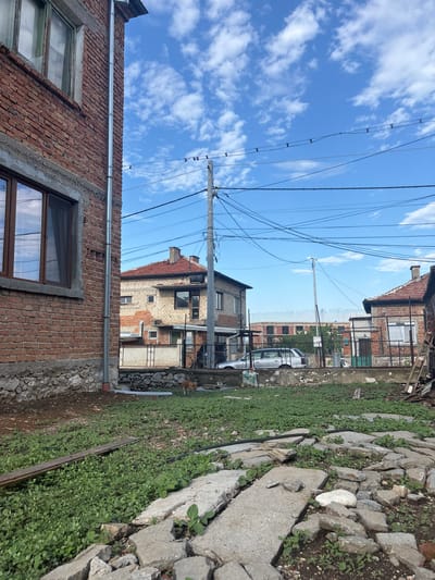 This image depicts an outdoor residential or semi-residential scene in Kuklen, Bulgaria, captured under a bright blue sky dotted with scattered white cumulus clouds.
In the immediate foreground, an unkempt lot is covered with dense green groundcover, interspersed with numerous broken gray concrete slabs and scattered smaller rocks. A weathered wooden plank lies horizontally on the ground in the mid-left foreground. A black hose or pipe is visible snaking across the ground to the right.
The left side of the frame is dominated by a partial view of a two-story building with an exposed red brick facade. The upper story features a window with aged, possibly green-painted wooden frames, while the lower story has a window with newer, brown-colored frames. Both windows reflect the sky and clouds. A metallic downspout runs vertically along the building's side, terminating near its stone foundation.
In the mid-ground, a dark metal fence with a stone base runs horizontally. A small, light-brown dog is visible walking rightward on the grass near this fence. Behind this, a taller chain-link fence separates the foreground from a paved area. A silver station wagon is parked behind the chain-link fence, facing left. A white bag with green markings is visible at the base of the chain-link fence, left of the parked car.
Further in the background, multiple residential structures are visible. To the left, a two-story building with light-colored bricks or stucco and a red tiled roof is present. To the right, a brick building with a red tiled roof and a prominent chimney is partially visible, also behind a metal fence, with a pile of debris to its immediate right.
Multiple utility poles, laden with numerous dark electrical or communication cables, are prominent in the middle and upper background, extending across the scene and crisscrossing the sky. Some overhead wires display regularly spaced, small, dark, Y-shaped fittings.