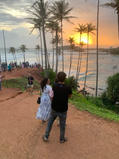 The image captures a group of people gathered on a reddish-brown dirt path overlooking the ocean in Thalaramba, Sri Lanka, at sunset. Tall palm trees dominate the foreground and frame the scene, with their fronds silhouetted against the vibrant orange and yellow hues of the setting sun. The ocean is a tranquil expanse, reflecting the colorful sky with gentle waves reaching the shore. Several individuals are visible in the frame; in the immediate foreground, a man in a black t-shirt and jeans faces away from the camera, looking towards the sea. Beside him, a woman in a white and blue patterned dress also faces towards the ocean. Further back, a crowd of people are gathered on the clifftop, some standing and others walking, appearing to be enjoying the view. Two brown dogs are also present on the path. The environment suggests a popular viewpoint, likely a tourist spot given the number of people present. The overall impression is one of a serene evening gathering by the coast, with the natural beauty of the sunset and the tropical landscape as the central focus.