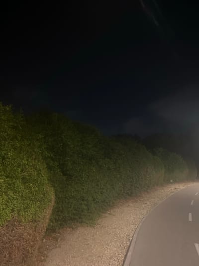 The image depicts a roadside scene at night, likely in the Hof HaCarmel Regional Council, Israel. On the right side of the frame, a paved road curves gently, marked with white dashed lines. The road surface appears to be asphalt, and it is bordered by a gravelly shoulder. To the left of the road is a dense, dark green hedge or dense bushes that runs along the edge of the road. The hedge is well-maintained and appears to be the primary vegetation in this area.
The left side of the image is dominated by darkness, suggesting a lack of artificial light or significant ambient light. There are faint, blurry streaks of light in the dark area, possibly from distant lights or the headlights of a vehicle. The overall impression is one of a quiet, possibly rural or suburban roadside at night. The weather appears calm, with no strong indications of rain or wind. The time of day is clearly night, given the darkness. The setting is consistent with a road in a somewhat undeveloped or natural area, with the hedge serving as a boundary. There are no people or specific objects clearly visible beyond the road, the hedge, and the gravel.
