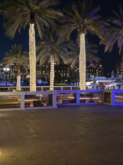 This is a night-time photograph taken in Doha, Qatar, likely in a waterfront area such as The Pearl-Qatar or Lusail Marina. The scene is dominated by several palm trees, their trunks intricately wrapped in strings of warm white fairy lights, illuminating them against the dark sky. In the background, a cluster of modern buildings with illuminated windows and architectural lighting suggests a cityscape. A marina with several yachts and boats is visible, with lights reflecting on the water. In the foreground, there is a paved walkway with a patterned texture, and a low decorative railing with geometric cutouts, some of which are illuminated with blue light. The overall atmosphere is festive and upscale. There are no people clearly visible in the frame.
