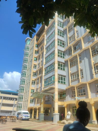 An upward-angled exterior photograph captures a multi-story building complex in Thika, Kenya, under a clear blue sky with scattered white clouds. The dominant structure is a tall, light gray building with extensive yellow-beige accents framing numerous green-tinted windows. Its left facade features a curved section with stacked rounded bay windows. The main entrance is covered by a translucent canopy and flanked by two prominent columns, each topped with a golden-colored humanoid statue.

In the mid-ground, a white passenger van, marked with blue stripes and the word "AMBULANCE" visible on its side, is parked facing away from the camera, near the building's entrance. To the left of the van, several dark-framed chairs are clustered on the patterned paved ground. Adjacent to the building's main entrance, to the right of the left column, a multi-tiered monument, resembling a rock formation with an open book on top, is present.

In the bottom right foreground, the back of an individual with dark hair styled in a bun, wearing a dark garment, is partially visible. Further indistinct human figures are discernible near the main building's entrance in the background shadows. Green tree foliage partially obscures the upper left and right portions of the frame.