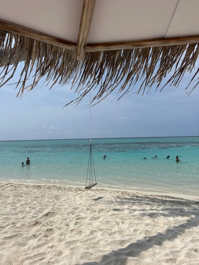 A serene beach scene captures clear turquoise water meeting a white sandy shore. Several people are seen swimming in the distance. A swing hangs suspended above the water's edge. In the foreground, a thatched umbrella with wooden supports offers shade. The image is rotated such that the sky is on the left side and the beach on the right.