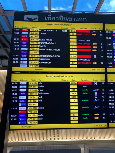 The image shows a departures board at an airport. The board displays flight information including time, airline, flight number, destination, gate number, remarks, direct flight status, and duration. The top of the board has Thai text that translates to "Departure - International Flights." The date "24 Jun 2026" and time "12:37" are visible at the bottom of the departures section. The environment appears to be an indoor airport terminal with a modern aesthetic, characterized by bright lighting and polished surfaces. There are no people or discernable interactions visible in the frame, only the digital display and the surrounding airport architecture. The text suggests the location is in or near Nong Prue Subdistrict, Thailand, as indicated by the presence of Thai language text on the board and the overall context of an airport departure board.
