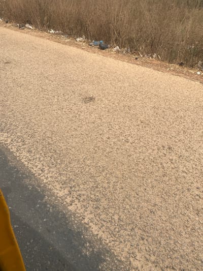 A close-up, slightly angled view reveals a rough, textured asphalt surface taking up most of the frame. To the left, a thin strip of dry, brown grass and debris runs along the edge. A dark, indistinct shape casts a shadow towards the lower right, partially obscuring the asphalt. The lower corner contains a glimpse of a bright yellow object, likely part of a vehicle or machinery. The overall tone is muted and earthy.