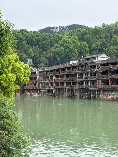 The image depicts traditional stilt houses lining the Tuo River in Fenghuang, China. The houses are multi-storied, with wooden frames and dark tiled roofs. They are built directly along the river's edge, supported by wooden pilings. The river has a murky green color with reflections of the houses and the sky. Lush green trees cover the hillside behind the buildings and are also visible in the foreground. The sky is overcast, suggesting a cloudy day. There are no people visible.