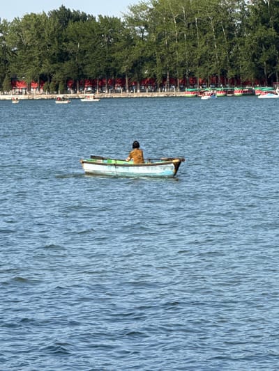 A small, light-colored wooden boat with a single person sits on a calm body of water, likely a lake or wide river. The individual, dressed in a brown top, appears to be steering or operating the boat. The water's surface exhibits numerous fine ripples, catching the light.
Along the left bank of the water, a dense line of vibrant green trees creates a natural border. Behind the trees, a row of distinctive buildings or structures with red roofs and reddish walls are visible, suggesting a waterfront development or residential area. Several other small boats, possibly paddle boats or similar recreational vessels, are docked or positioned near the shore in the distance.
The scene conveys a peaceful daytime atmosphere. There appears to be some faint, illegible text or markings on the side of the boat.